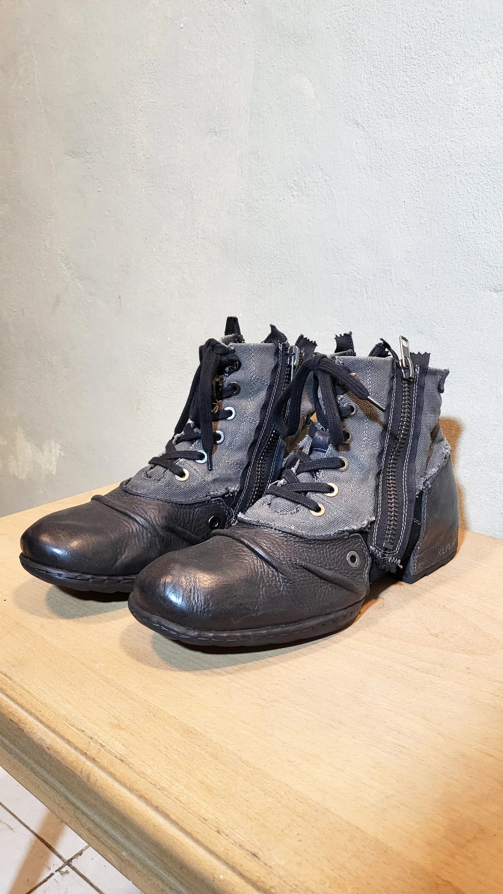 Replay Deconstructed Leather & Canvas Ankle Boots