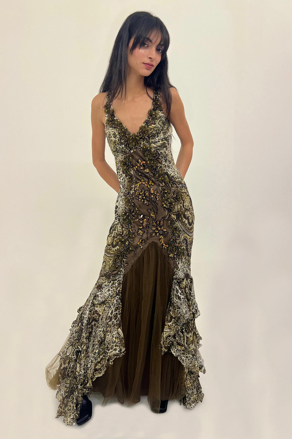 Y2K animal print silk gown with embellished details