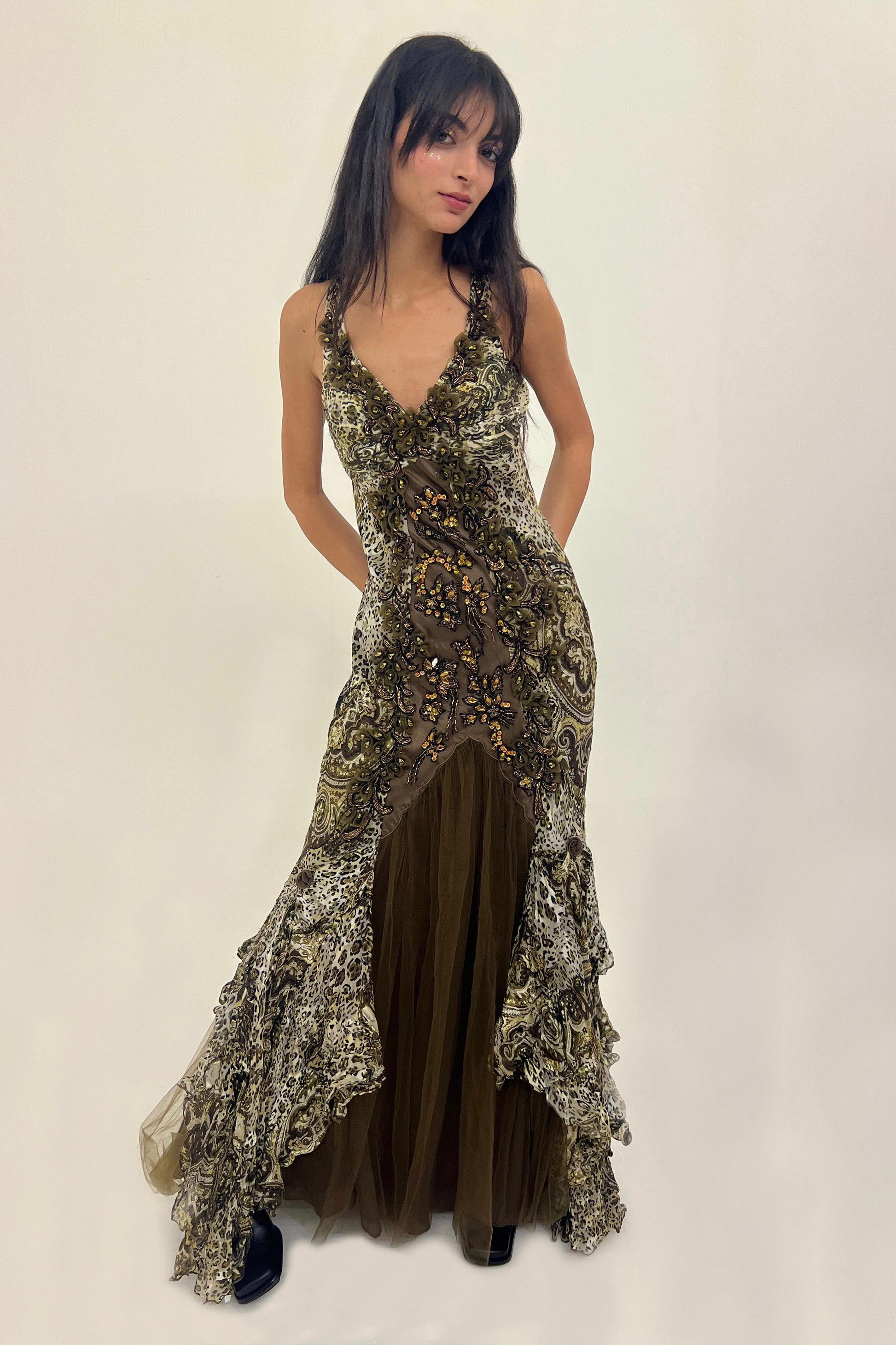 Y2K animal print silk gown with embellished details