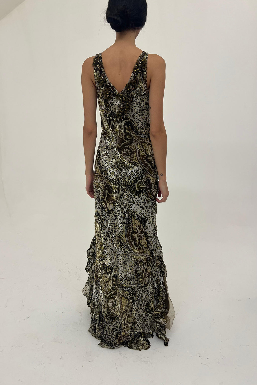 Y2K animal print silk gown with embellished details