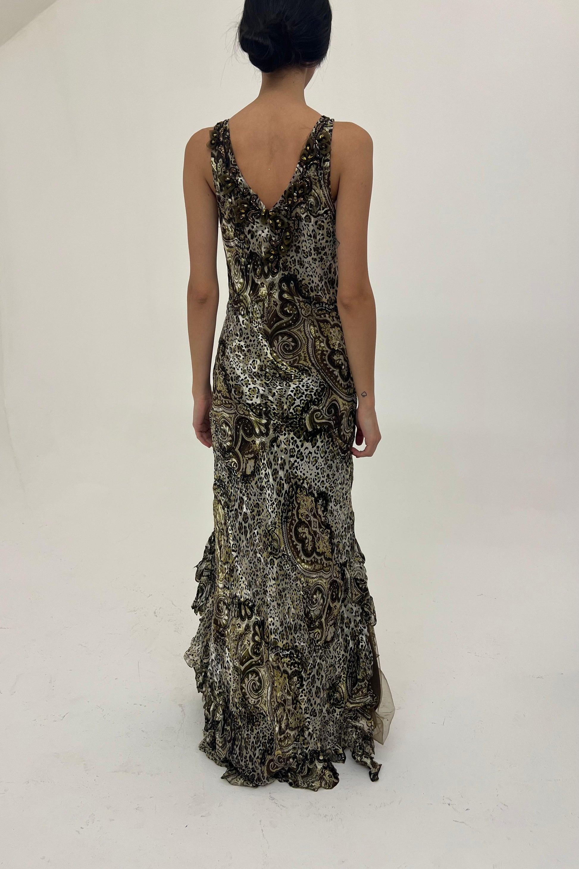 Y2K animal print silk gown with embellished details