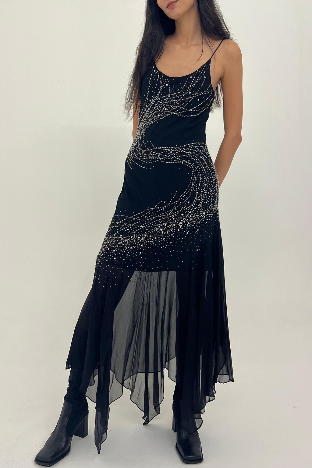 Y2K black silk gown with beaded details