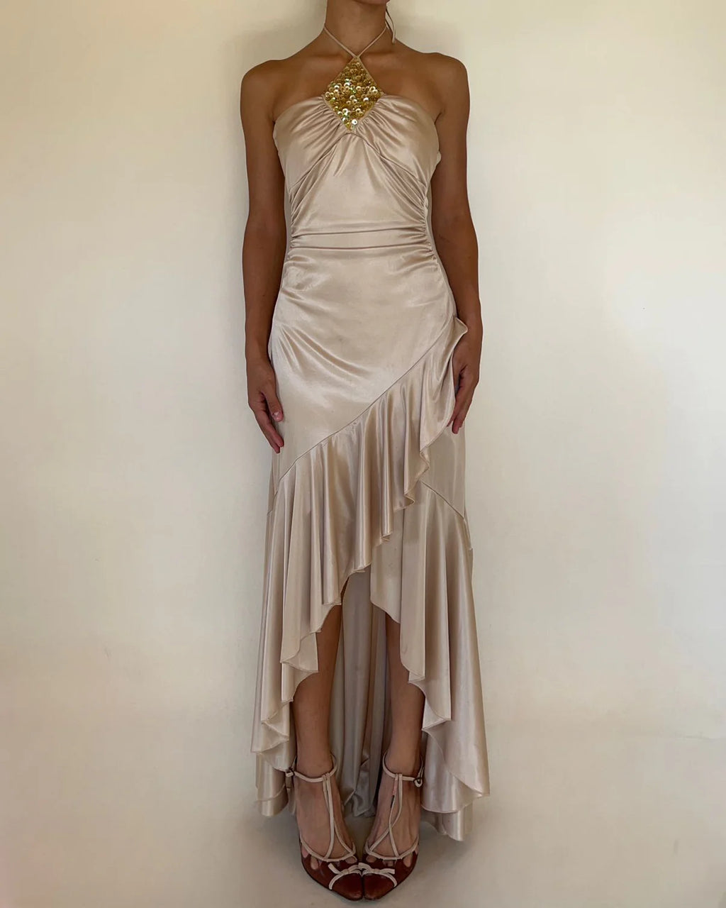 Y2k stretch satin ruched waist ruffled halter sequined dress