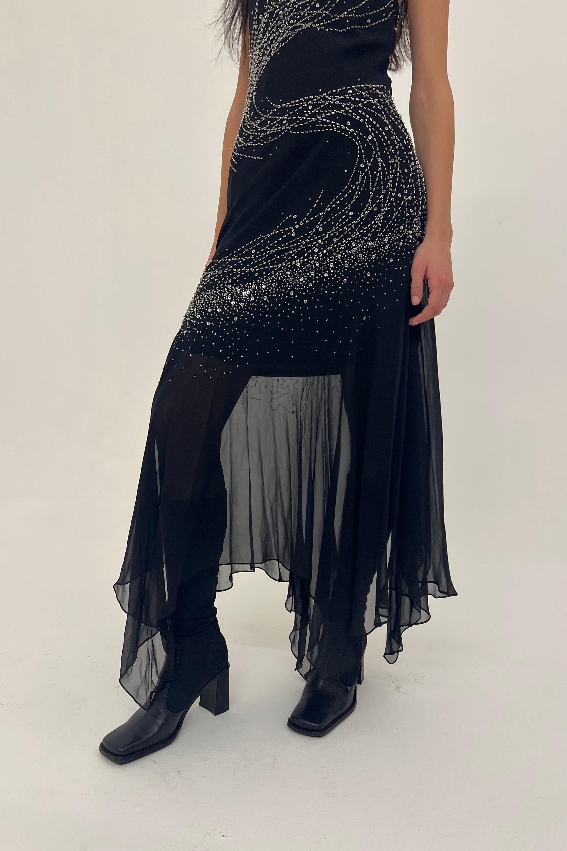 Y2K black silk gown with beaded details