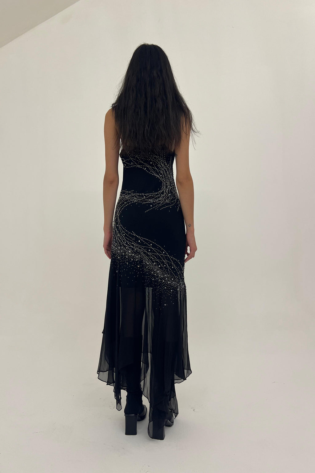 Y2K black silk gown with beaded details