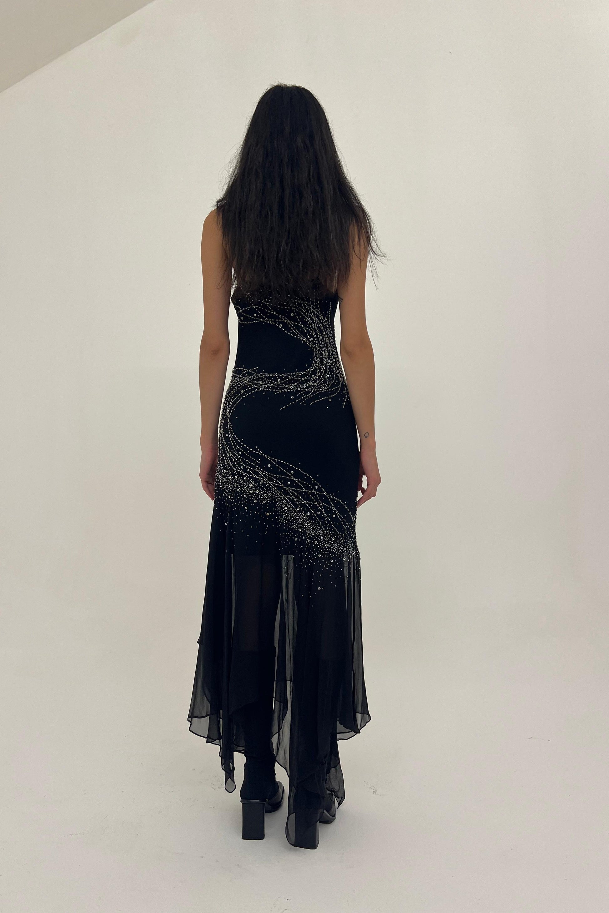 Y2K black silk gown with beaded details