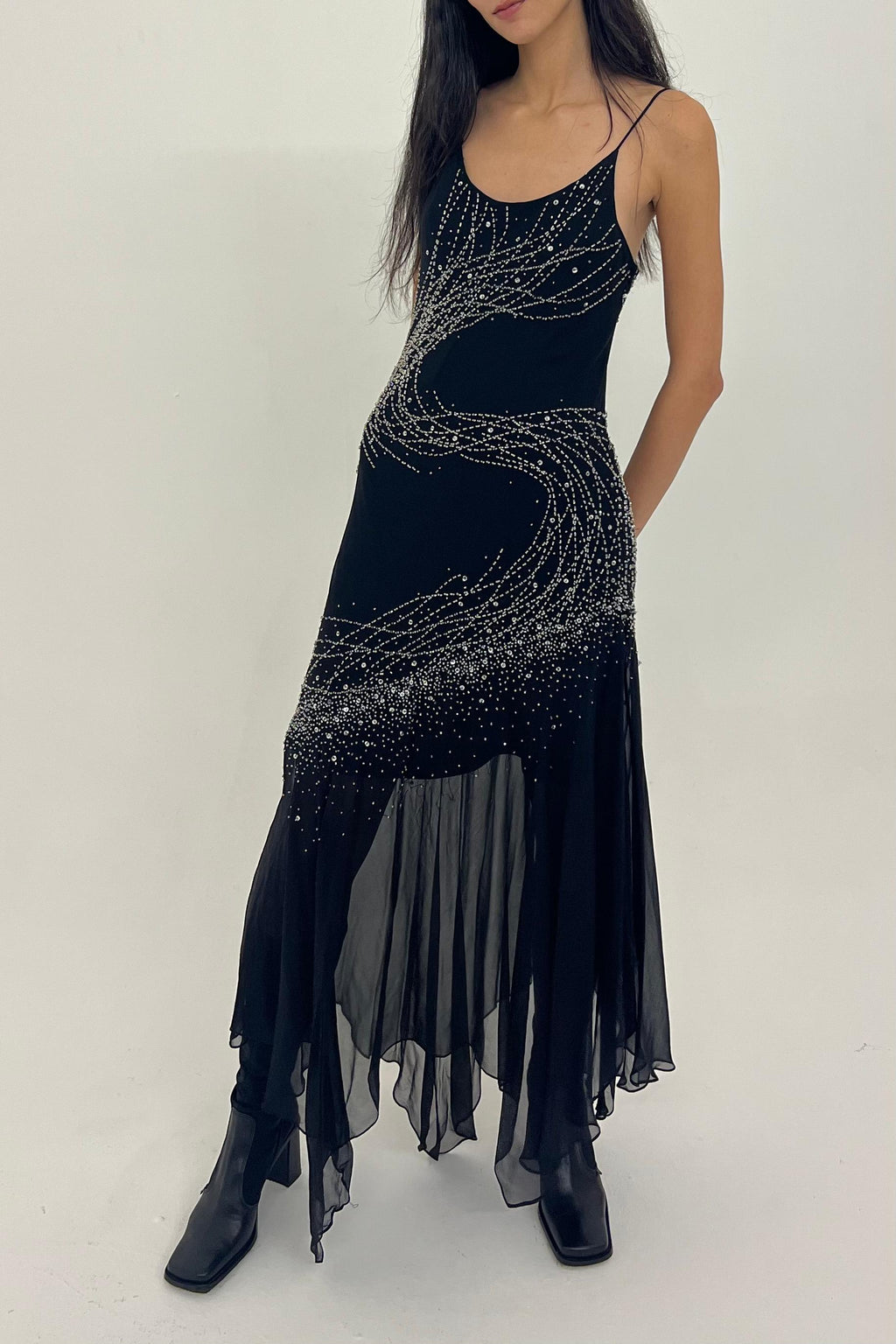 Y2K black silk gown with beaded details