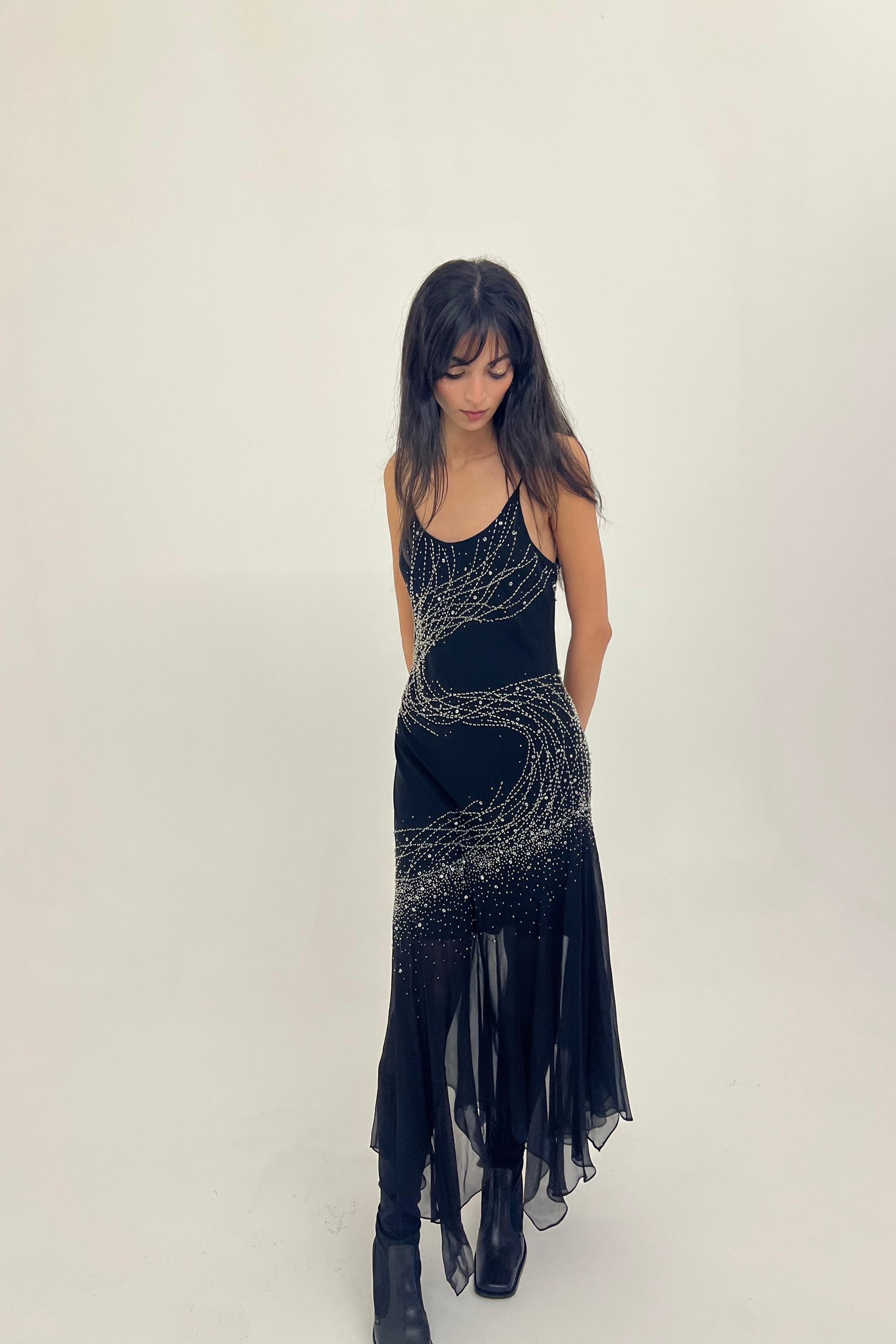 Y2K black silk gown with beaded details