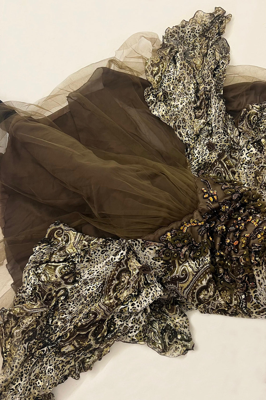 Y2K animal print silk gown with embellished details