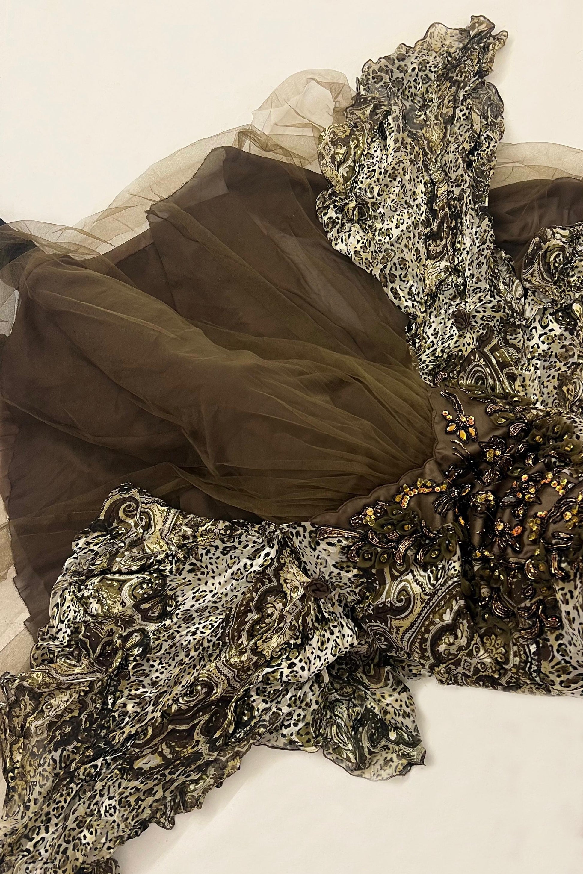 Y2K animal print silk gown with embellished details