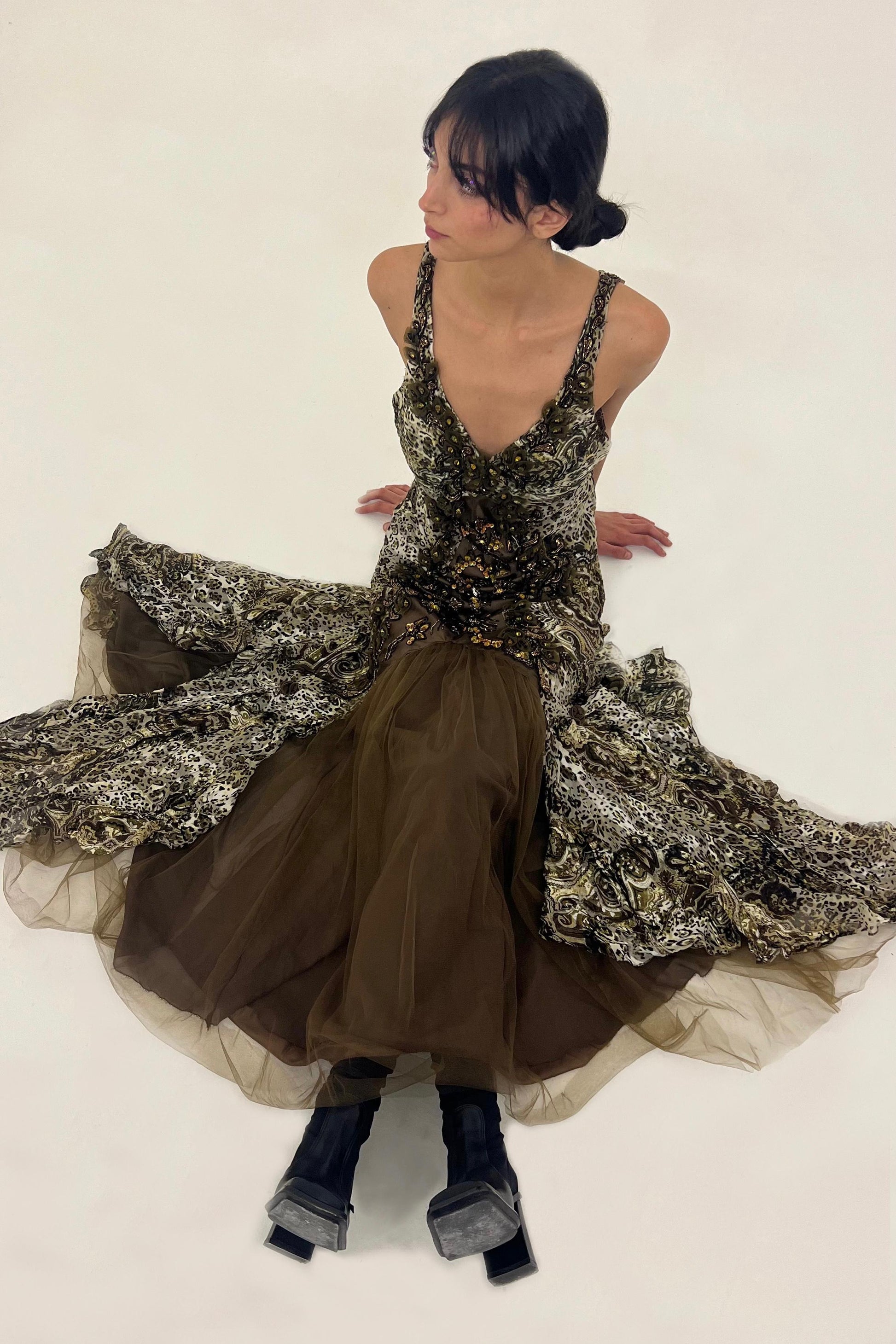 Y2K animal print silk gown with embellished details