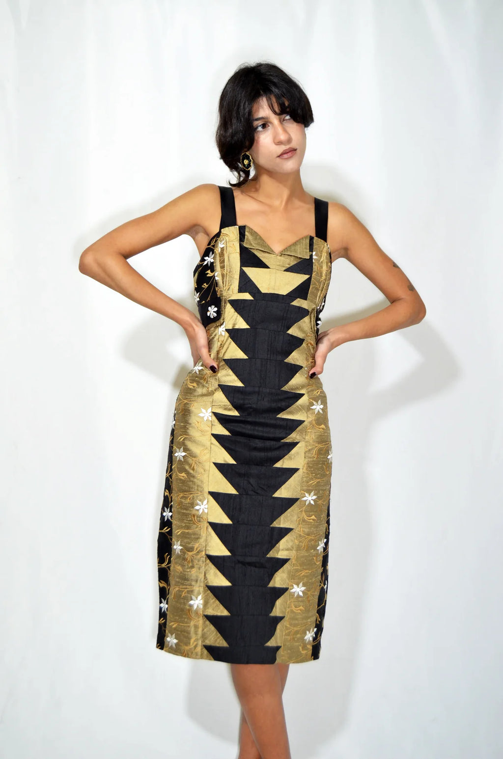 Black & Gold Embroidered Vintage Midi Dress