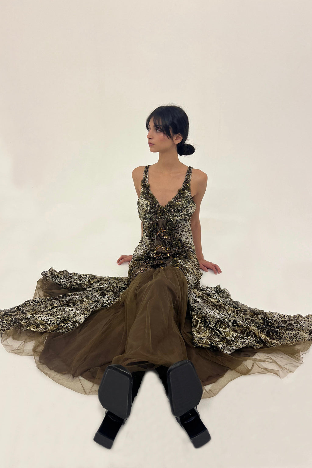 Y2K animal print silk gown with embellished details