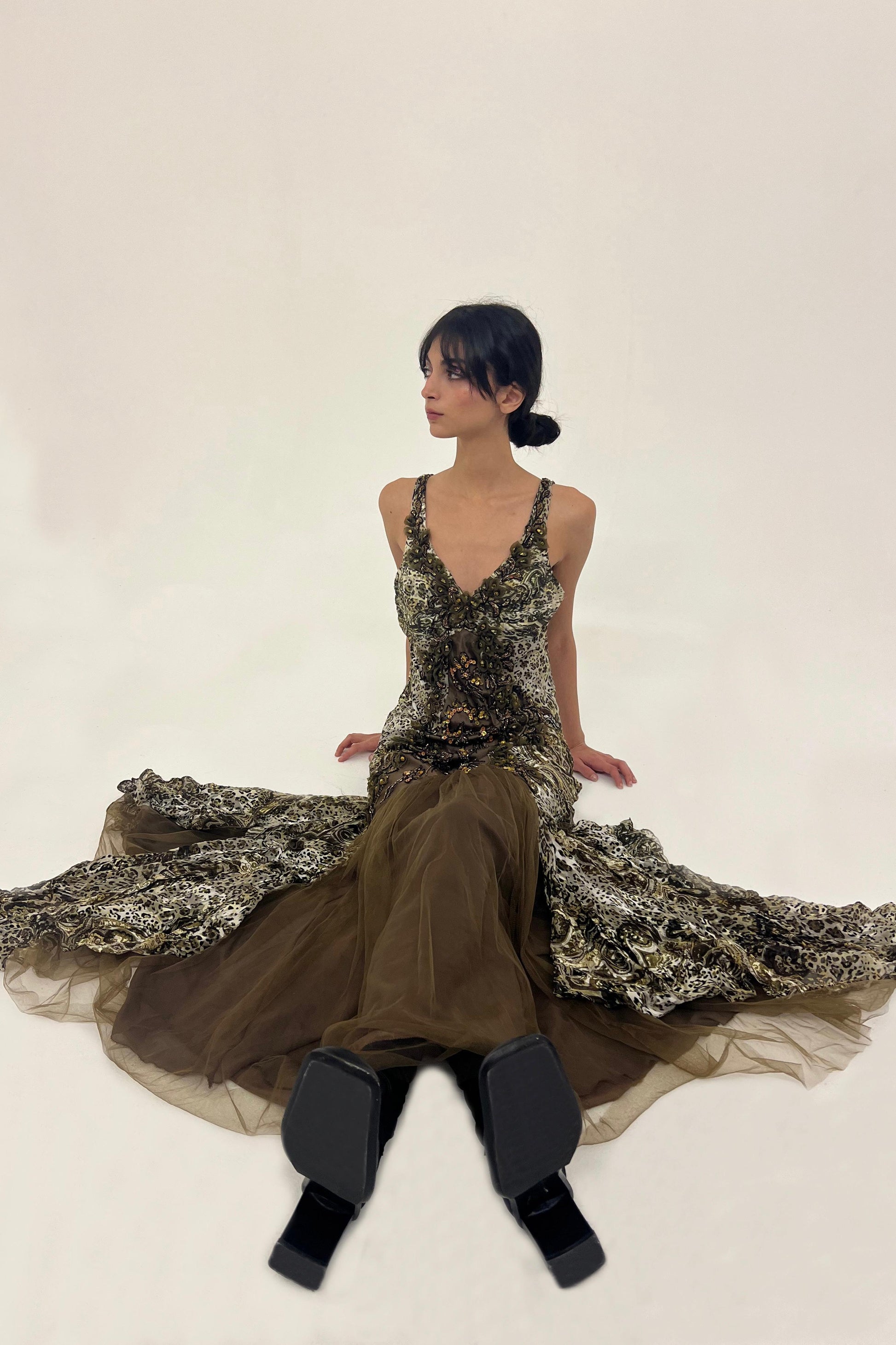 Y2K animal print silk gown with embellished details