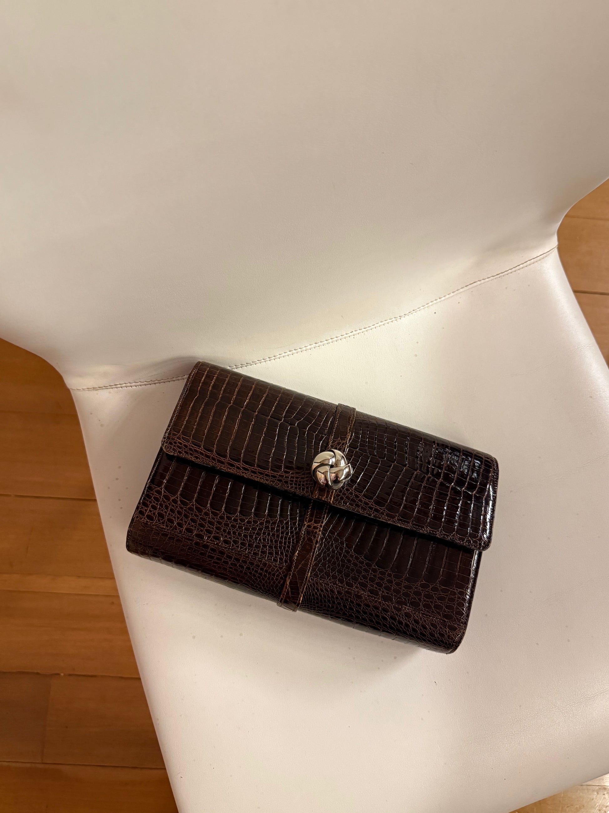 BROWN Crocodile shiny leather CLUTCH