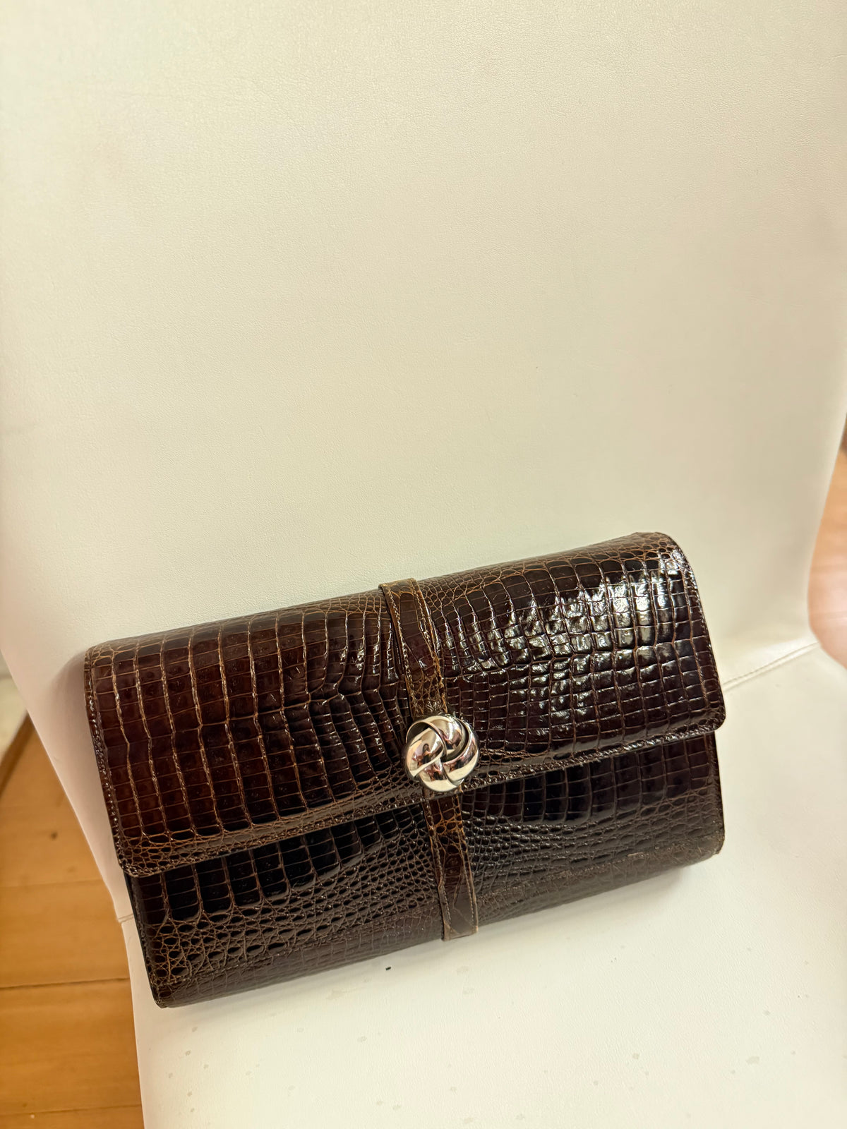 BROWN Crocodile shiny leather CLUTCH