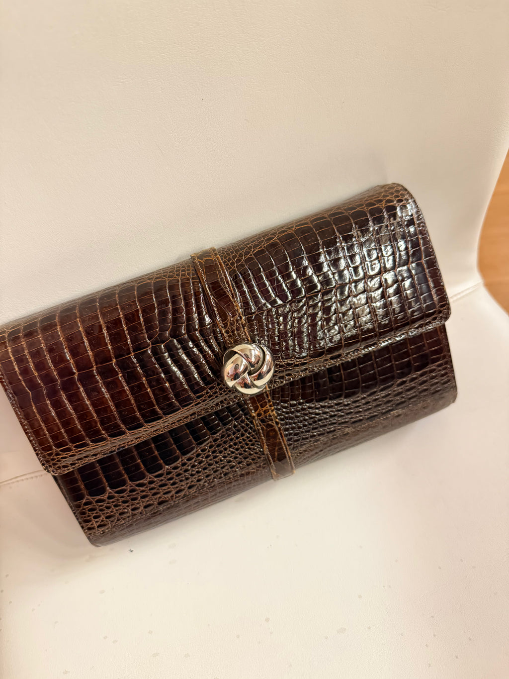 BROWN Crocodile shiny leather CLUTCH