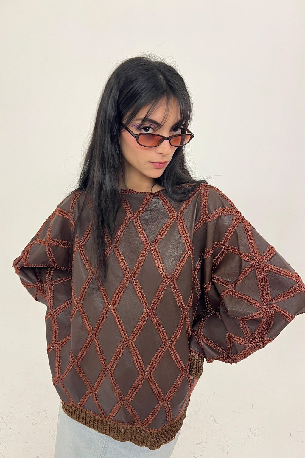 1980s brown leather patchwork top