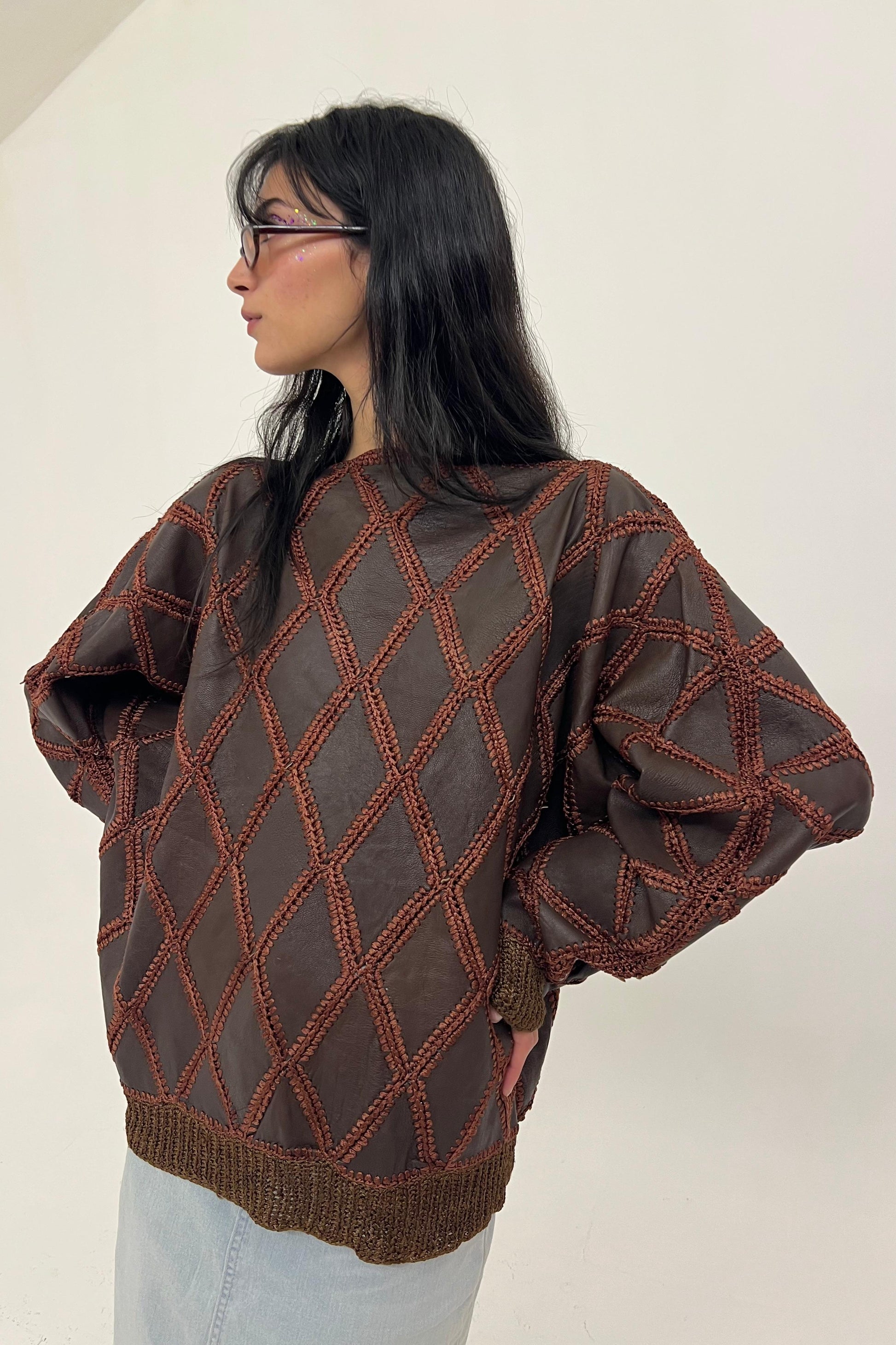 1980s brown leather patchwork top