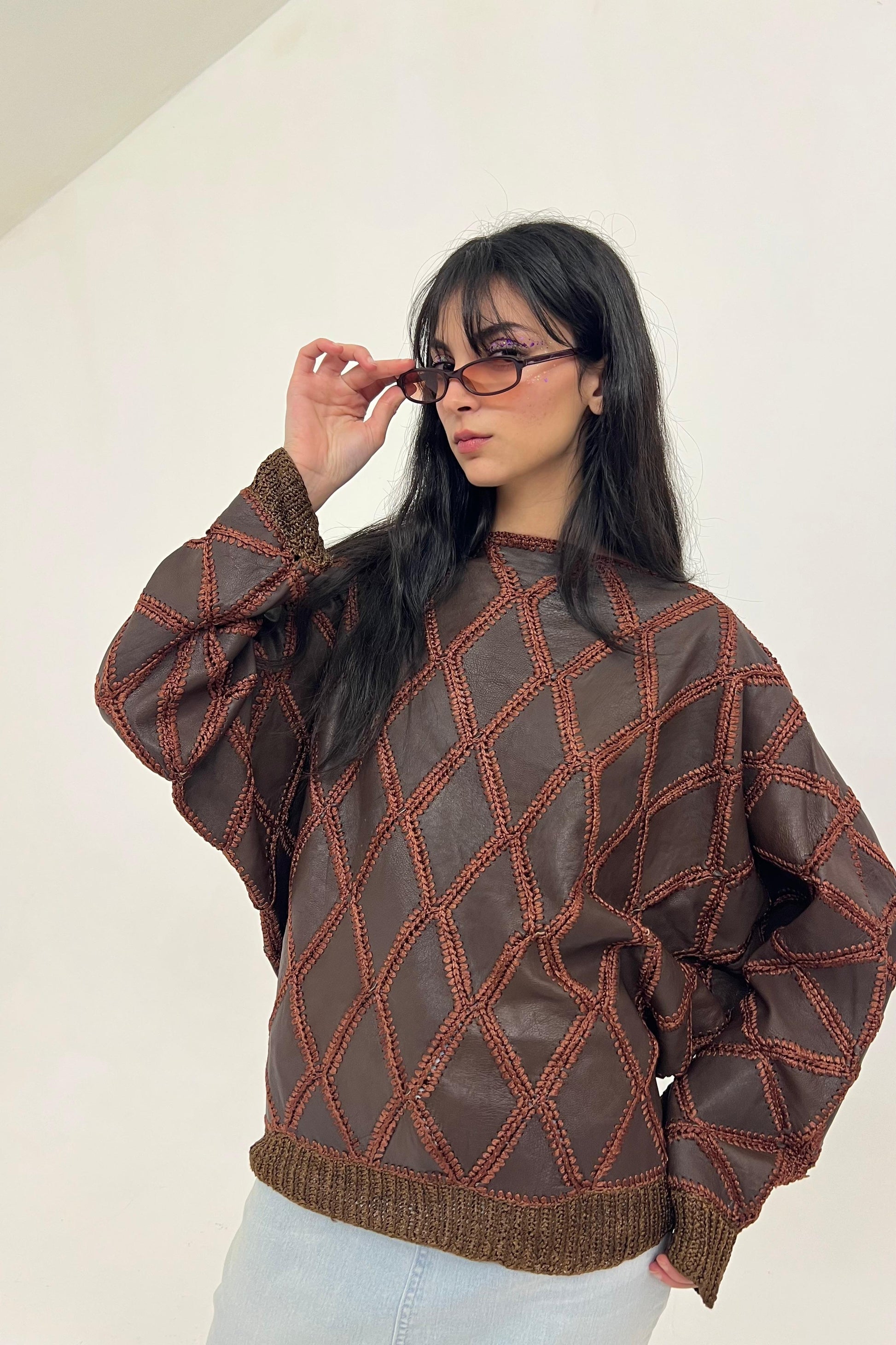 1980s brown leather patchwork top
