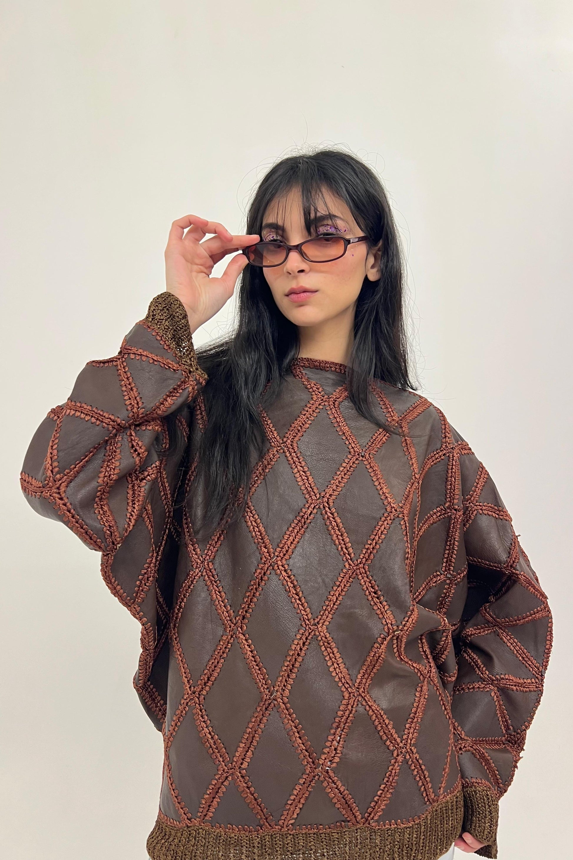 1980s brown leather patchwork top