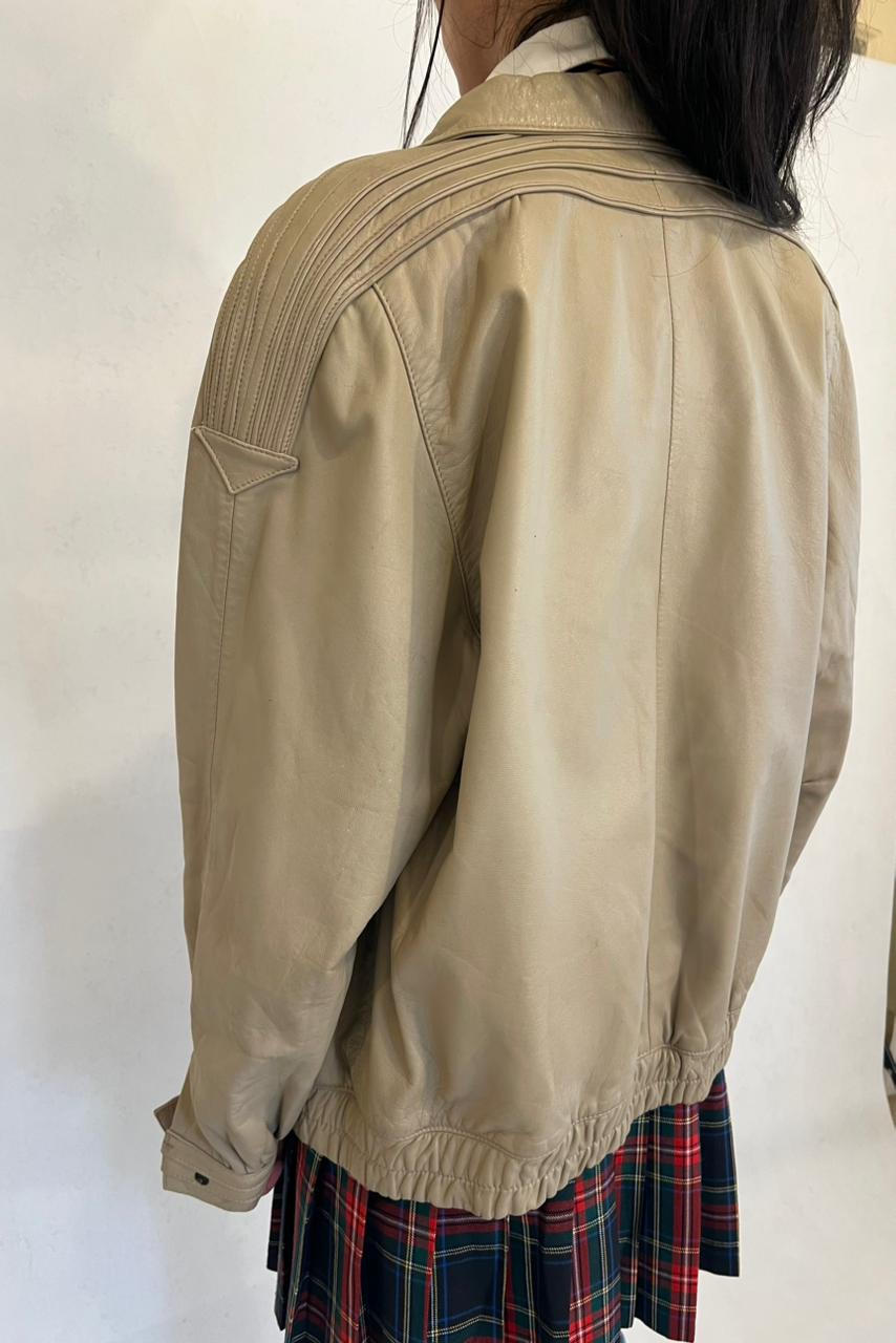 Vintage beige leather bomber jacket