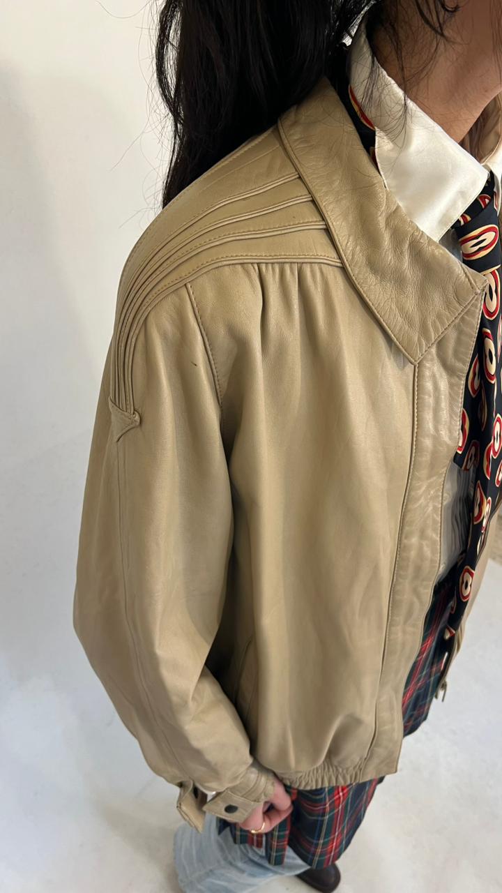 Vintage beige leather bomber jacket