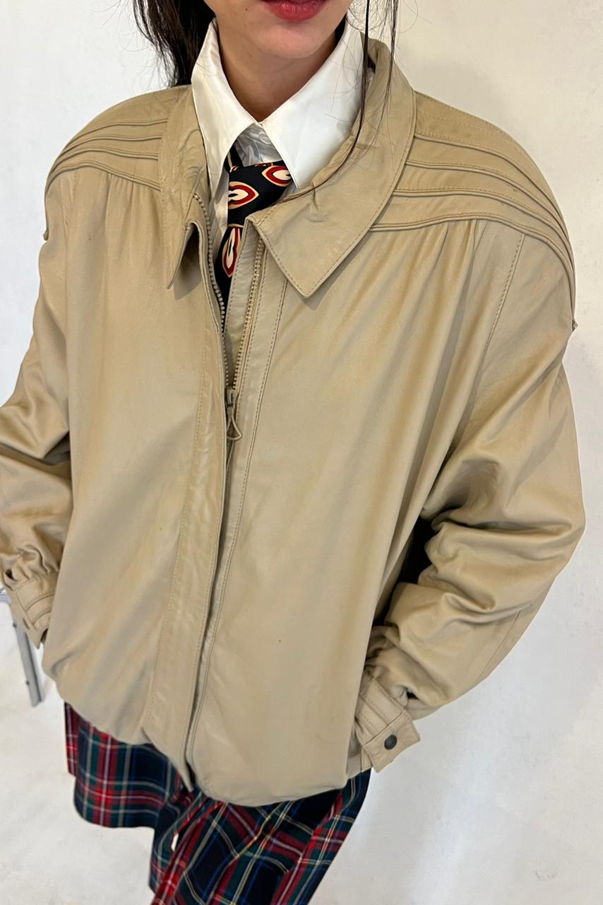 Vintage beige leather bomber jacket