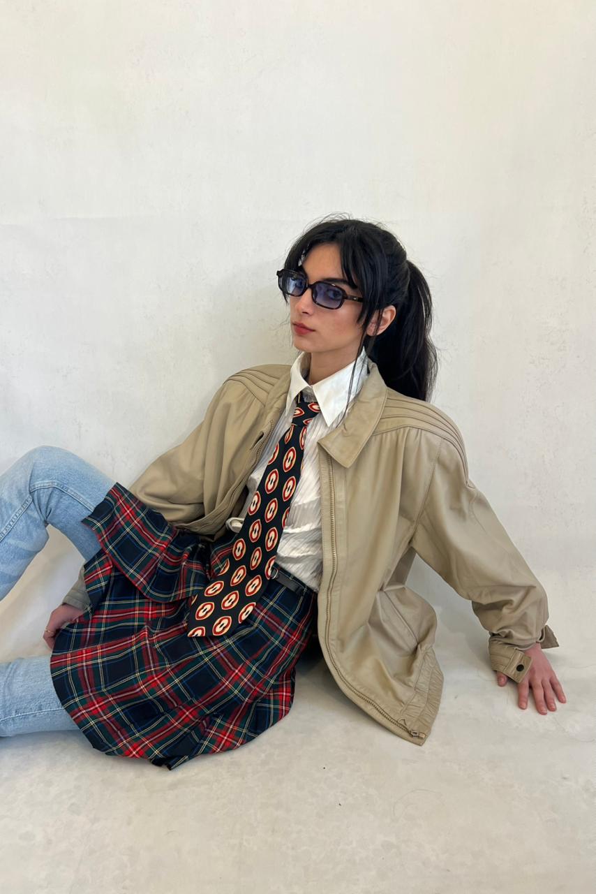 Vintage beige leather bomber jacket