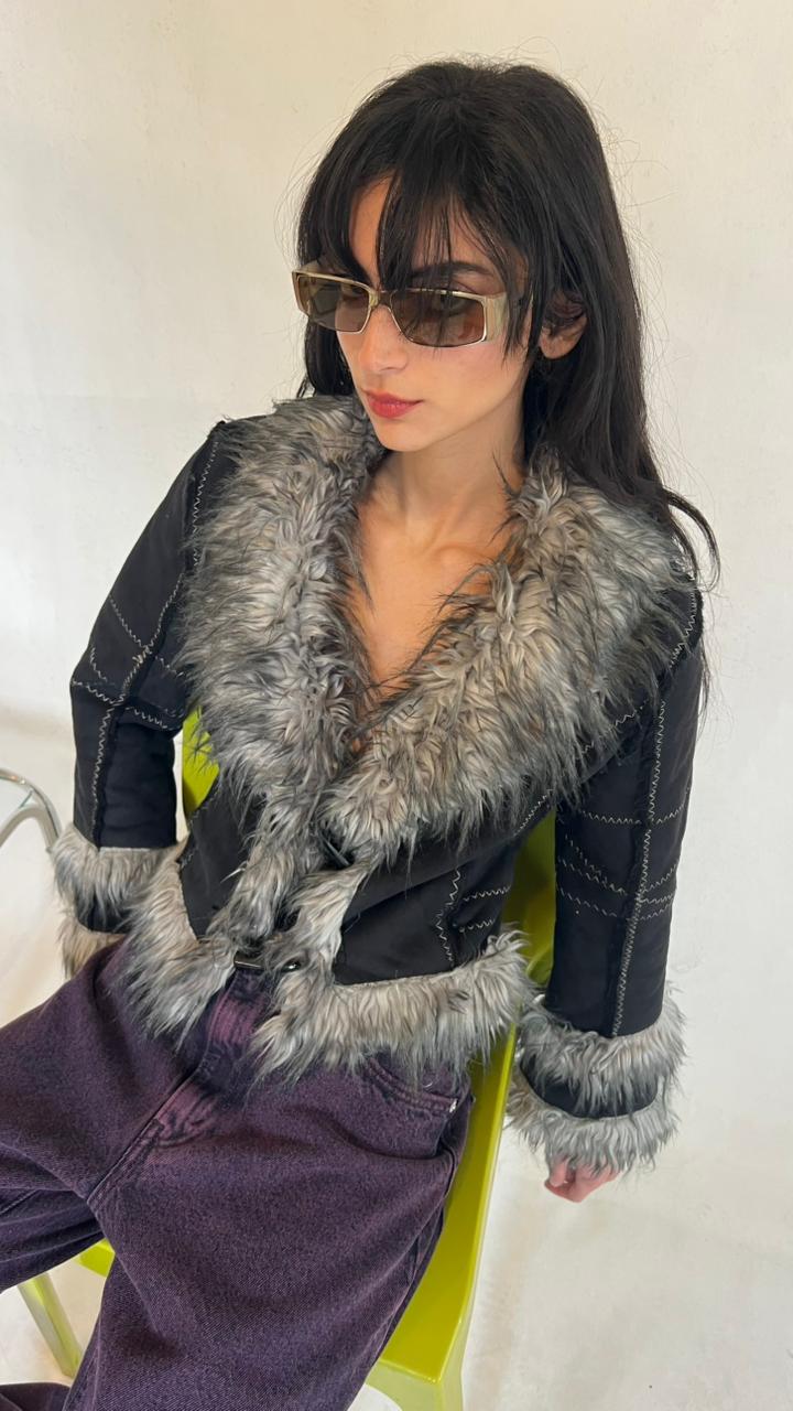 Y2k faux fur black jacket