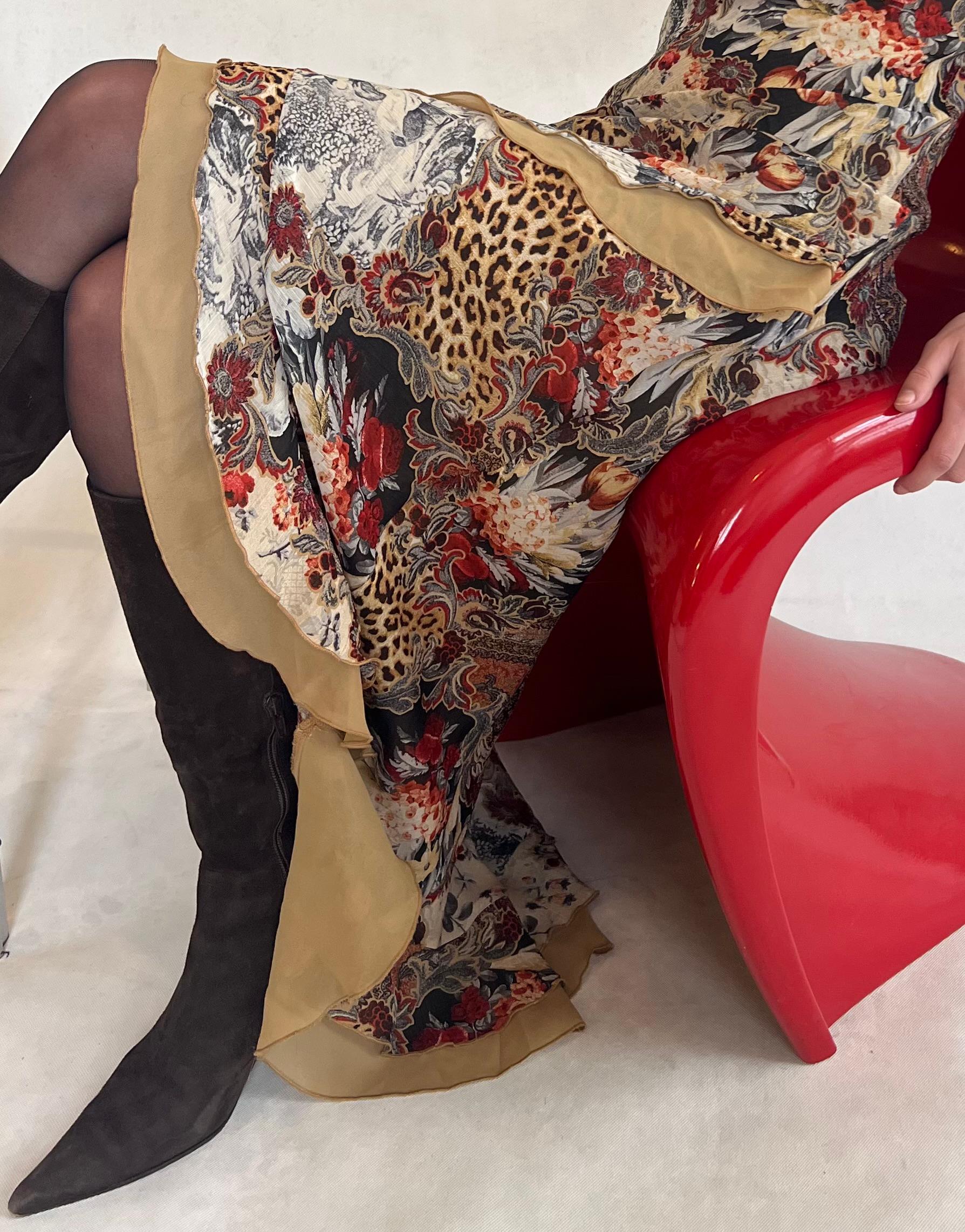 Ruffled Y2K spaghetti strap dress in floral & leopard print