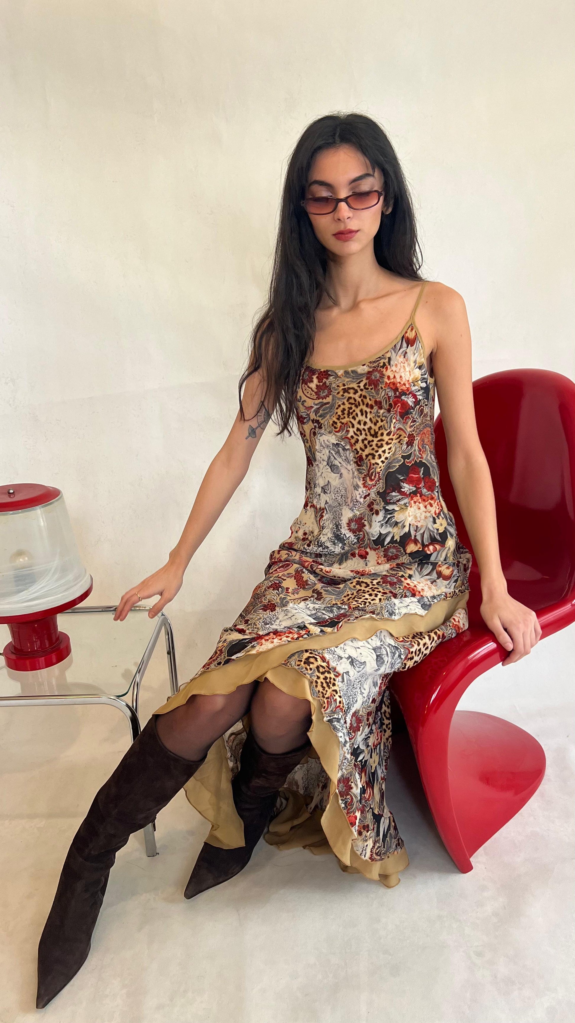 Ruffled Y2K spaghetti strap dress in floral & leopard print