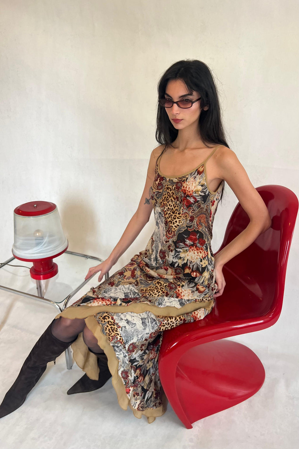 Ruffled Y2K spaghetti strap dress in floral & leopard print