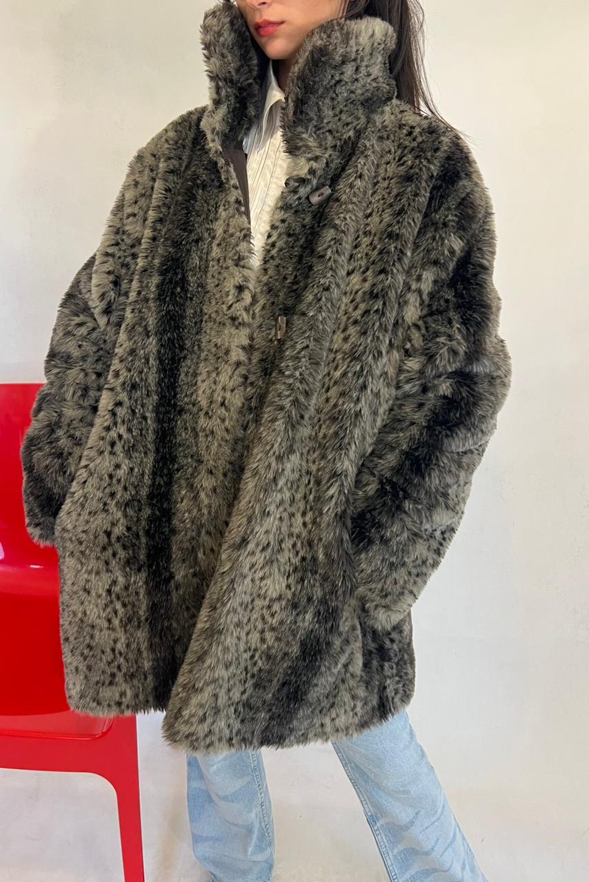 Vintage Oversized faux fur jacket in grey leopard