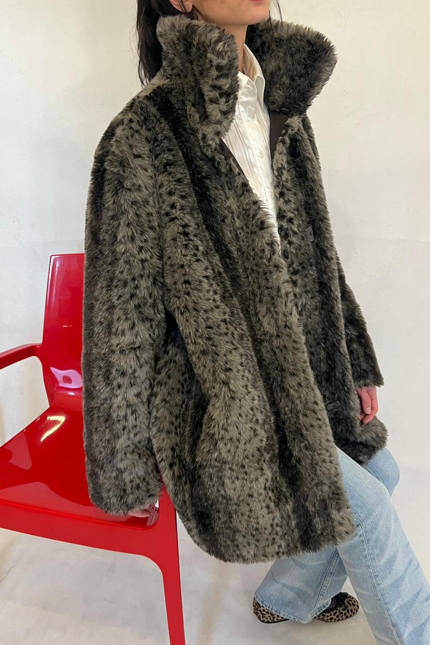 Vintage Oversized faux fur jacket in grey leopard