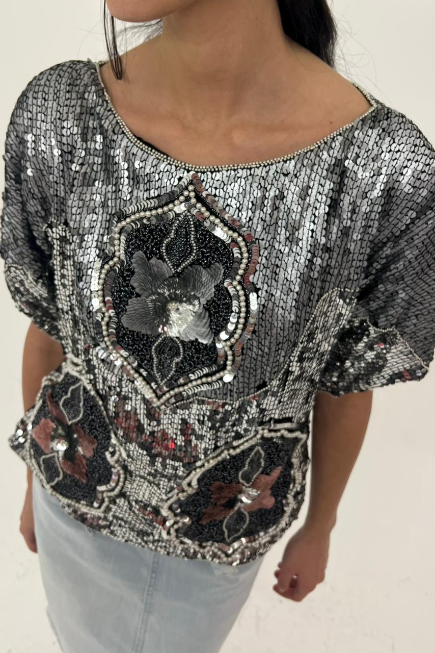 80s silk blouse with sparkling silver sequins and floral beads