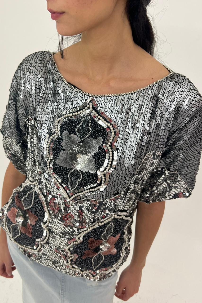 80s silk blouse with sparkling silver sequins and floral beads