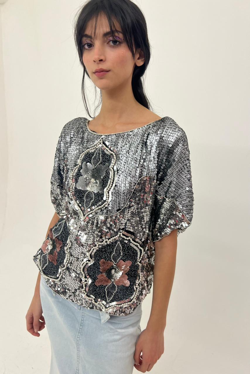 80s silk blouse with sparkling silver sequins and floral beads