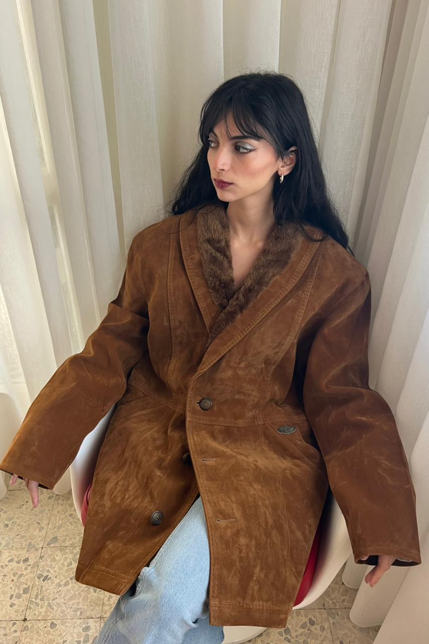 Faux suede and fur jacket in camel color