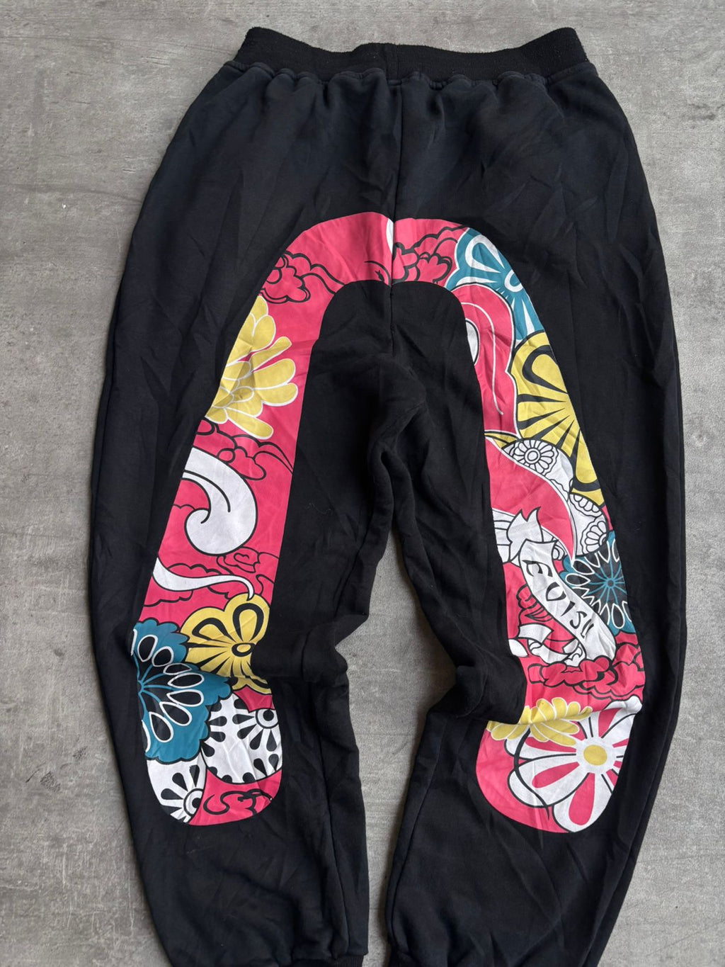 Evisu custom made Daruma Print sweatpants.
