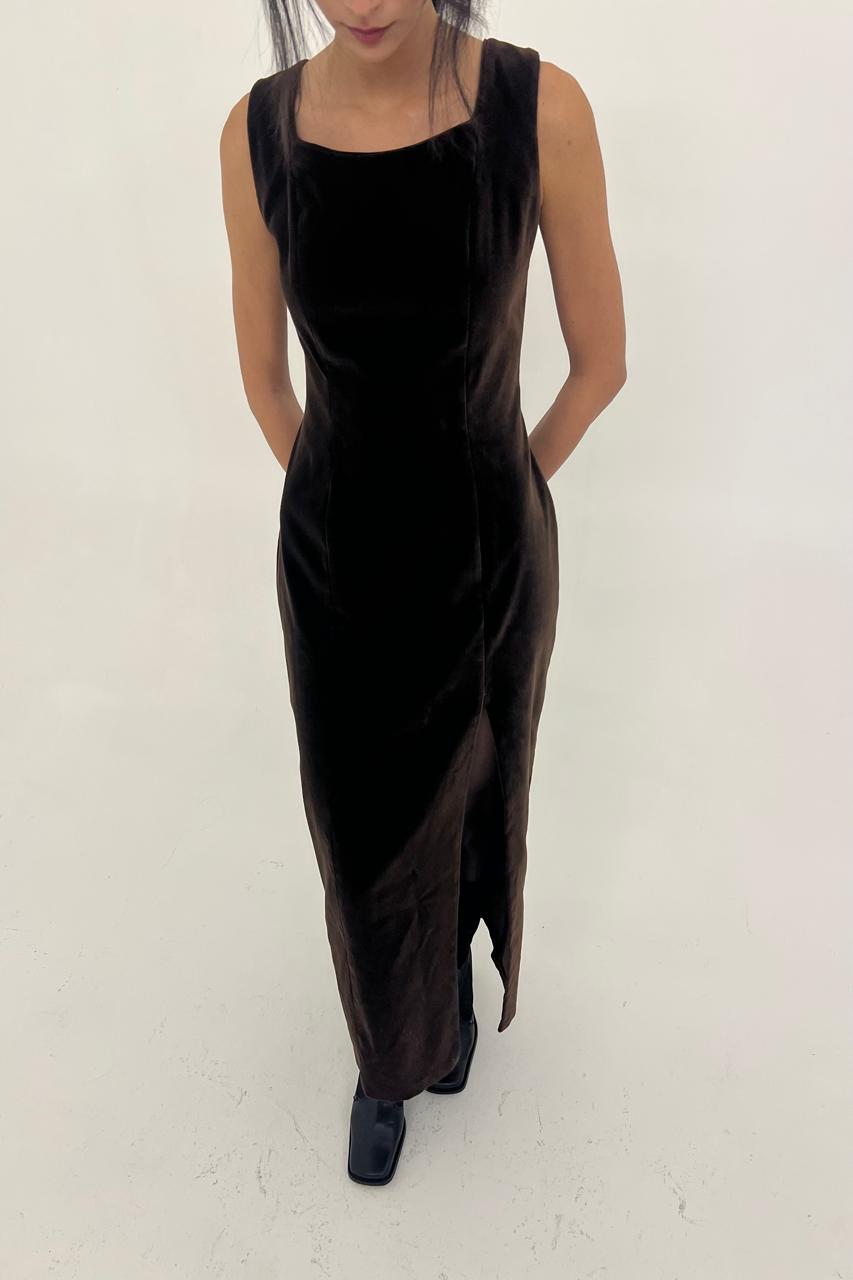 Vintage open back velvet dress with black satin ribbon