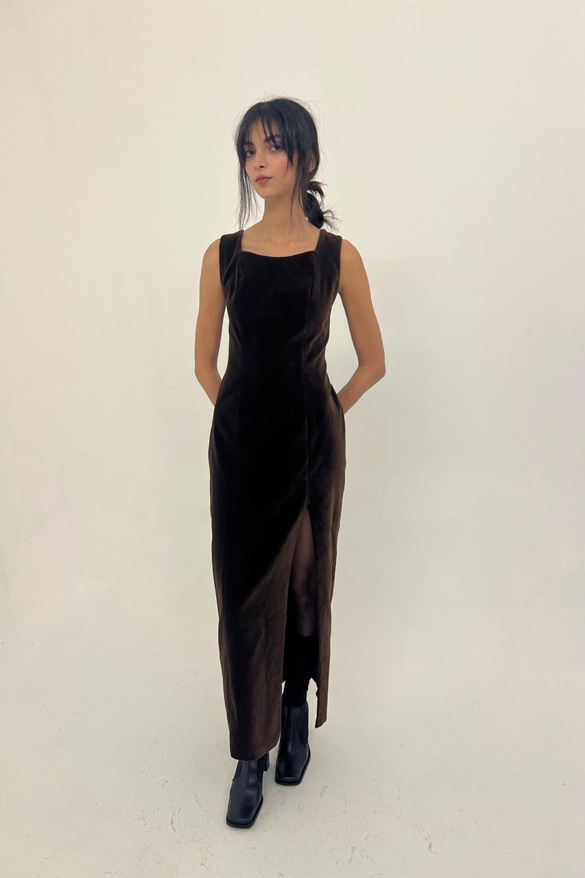 Vintage open back velvet dress with black satin ribbon
