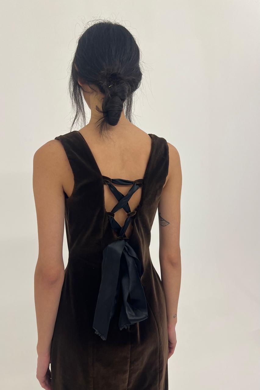 Vintage open back velvet dress with black satin ribbon