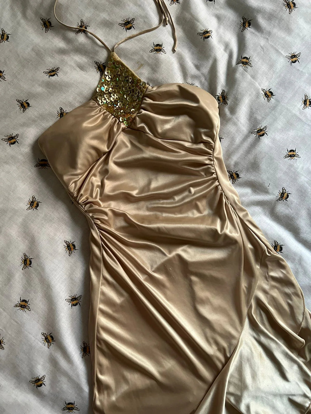 Y2k stretch satin ruched waist ruffled halter sequined dress